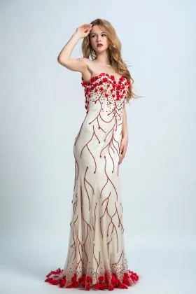 Uniquely red flowers beads sequins embellished nude long prom dress