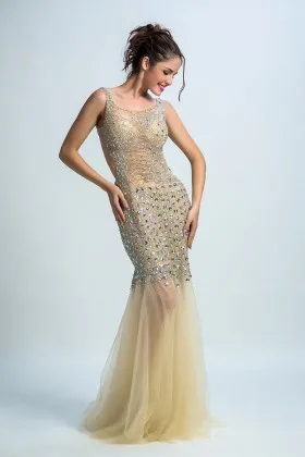Sexy see through tulle with diamond crystals beaded backless mermaid prom dress
