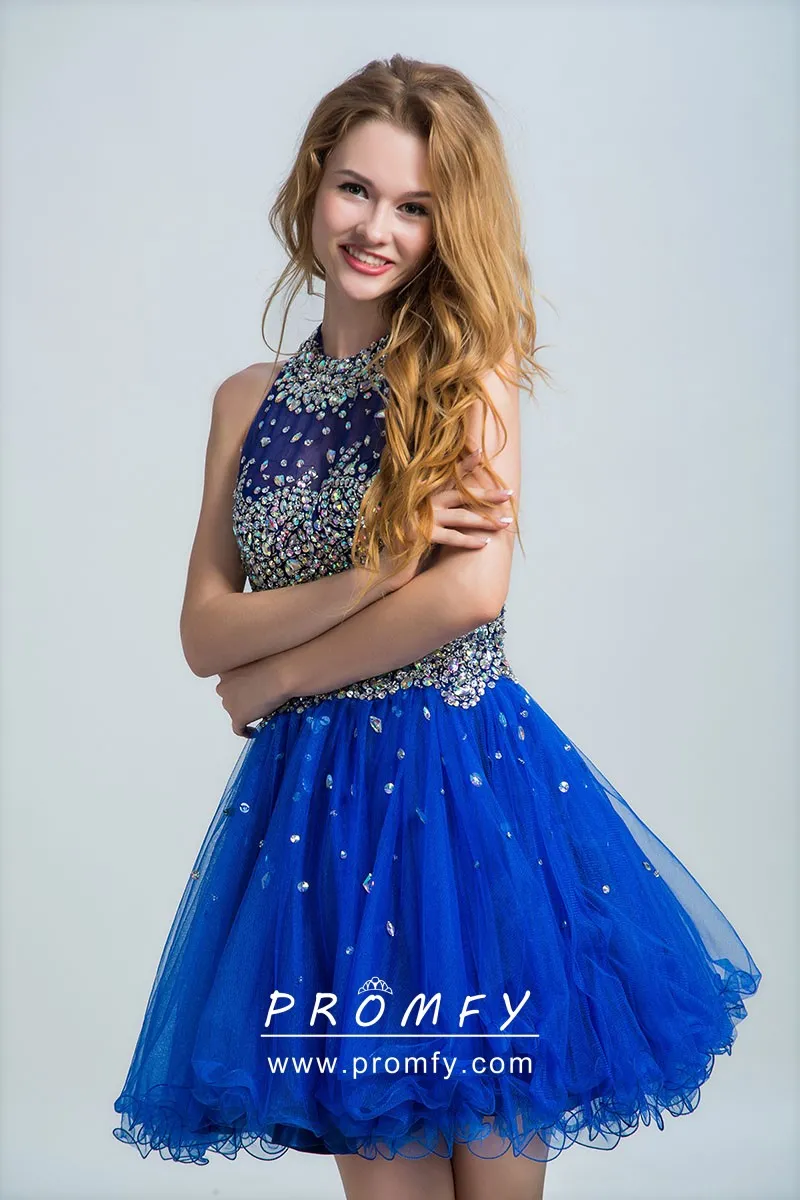 Bedazzled Crystals Beaded Royal Blue Tulle Sleeveless Short Cocktail