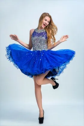 Bedazzled crystals beaded royal blue tulle sleeveless short cocktail dress