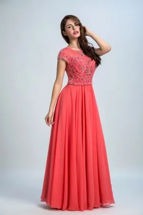 Classic beaded watermelon chiffon jewel neckline cap sleeve long prom dress