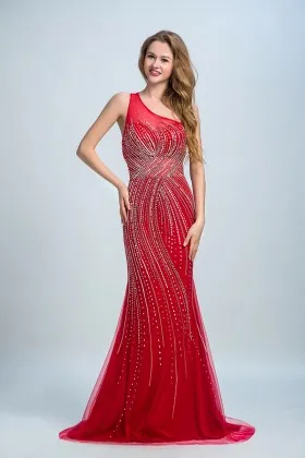 Amazing curved line beaded low back red one shoulder long prom dress
