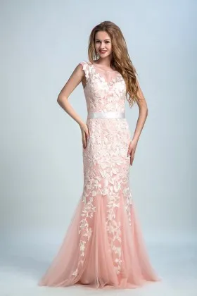 Nude pink tulle with white lace appliqued beaded mermaid long prom dress