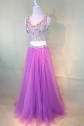 Sparkly multi color crystals with magenta tulle two piece long prom dress