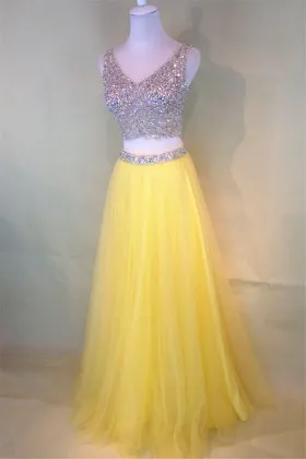 Sparkly two piece mango yellow tulle with crystals beading long prom dress