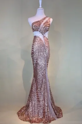 Sparkly rose gold sequin with beading and mesh cut outs one shoulder prom dress