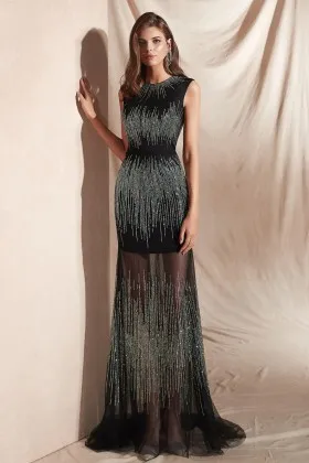 sparkly stripe beading sheer long black prom dress