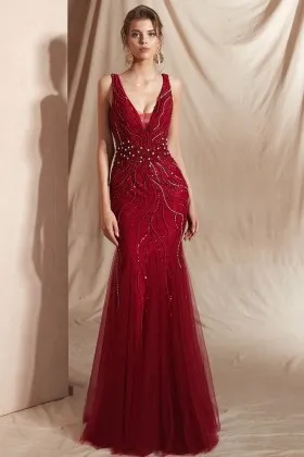 shimmer burgundy plunging neck beaded mermaid prom dress