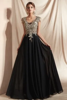 vintage black a line prom dress with gold lace appliques