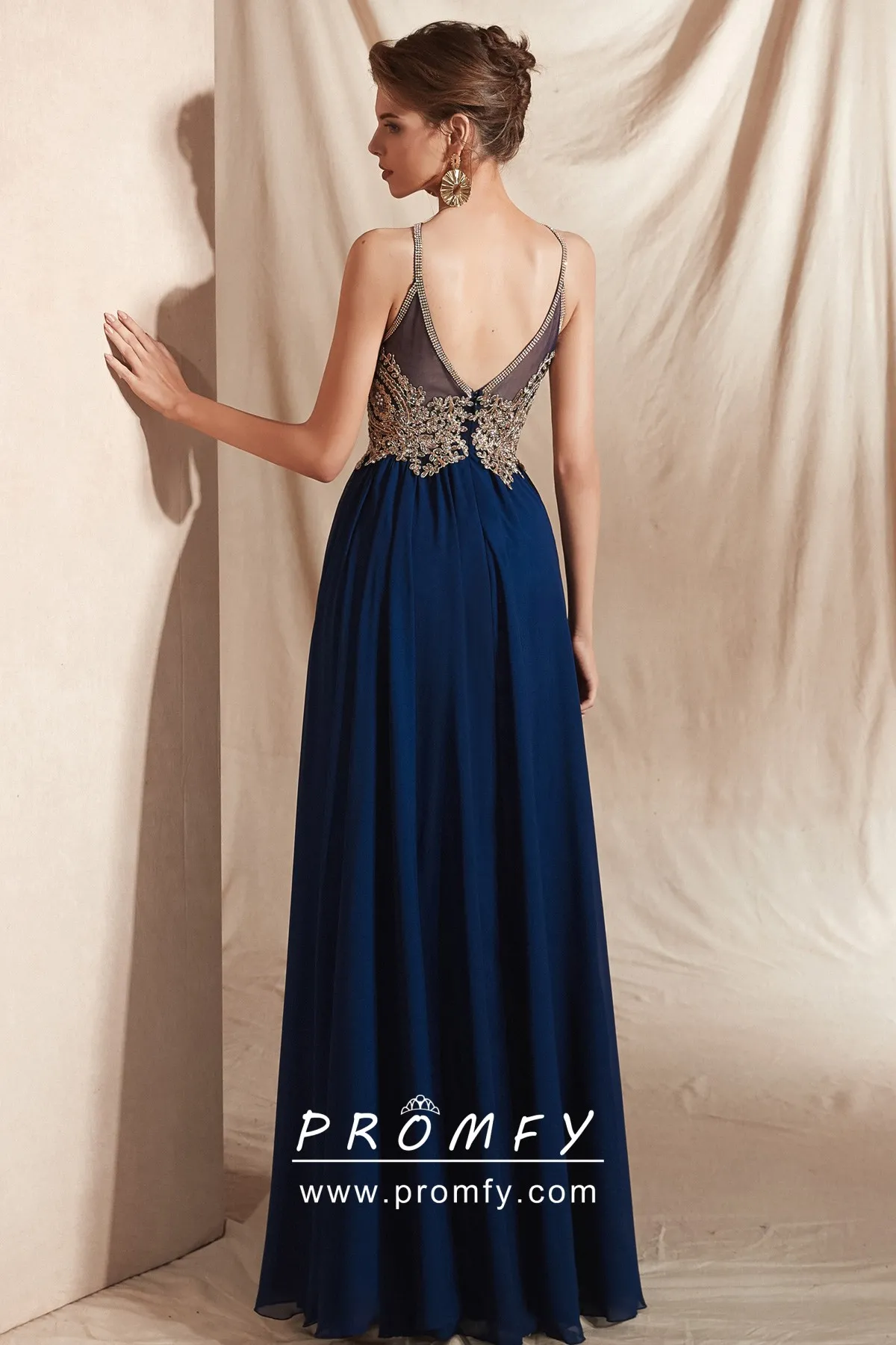Sparkly Gold Metallic Halter Neck A-Line Long Prom Dress main image 1