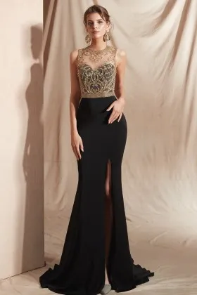 elegant beaded sparkle gold lace black mermaid dress