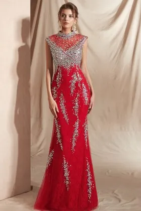 red lace dazzling rich beaded crystal mermaid prom gown
