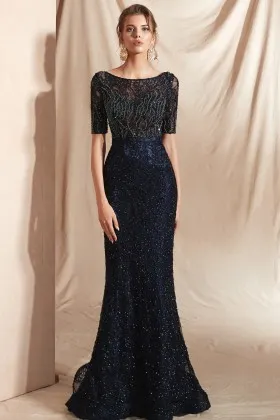 shiny black beaded lace half sleeve trumpet formal gown