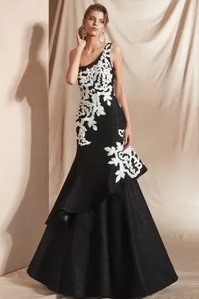 black white lace one shoulder ruffle trumpet prom gown