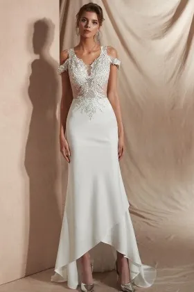 classy cold shoulder beaded ivory high low prom dress