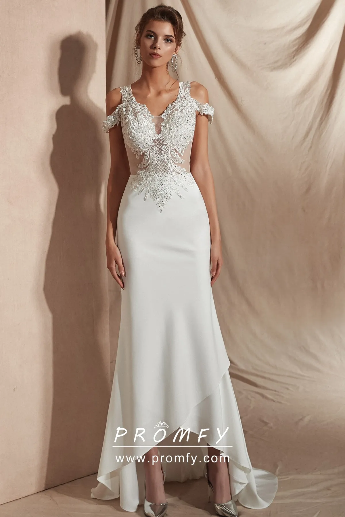 Classy Cold-shoulder Beaded Ivory High 
