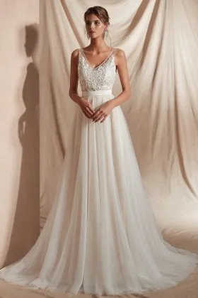 pretty beaded pearl lace tulle a line prom gown