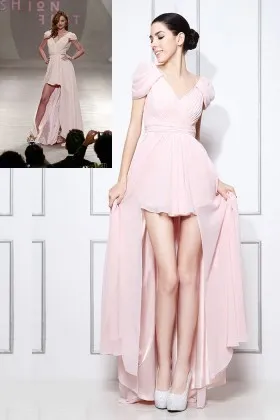 Miranda Kerr baby pink chiffon cap sleeve V neck high low graduation prom dress