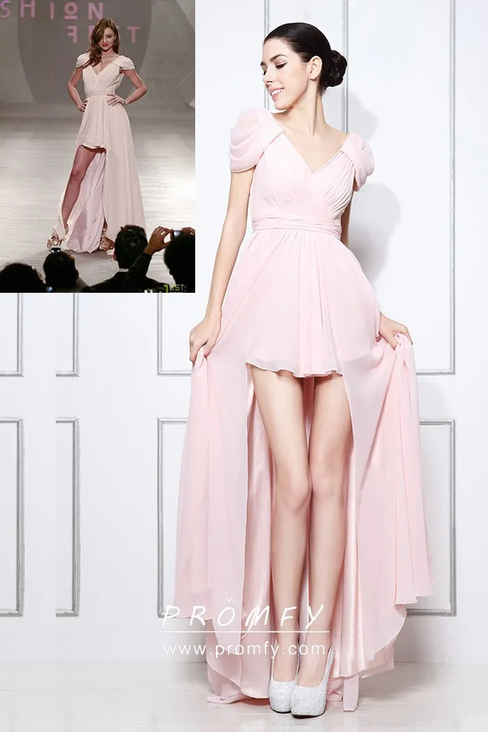 Baby Pink Chiffon Cap Sleeve High-low Prom Dress - Promfy