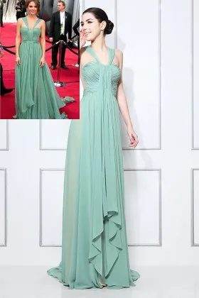 Maria Menounos pleated sage green chiffon sweetheart wide straps A line long prom dress
