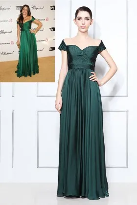 Sofia Vergara dark green chiffon off the shoulder cap sleeve celebrity inspired gown