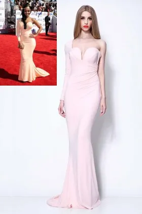 LoLa Monroe unique one sleeve baby pink jersey celebrity inspired long formal dress
