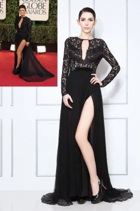 Eva Longoria illusion long sleeve black lace and chiffon celebrity slit A line prom gown