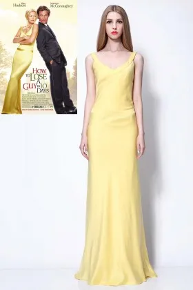 Kate Hudson wide straps yellow satin simple A line long celebrity prom dress