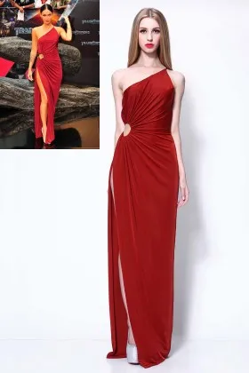 Megan Fox dark red velvet unique side draped one shoulder sheath long prom dress