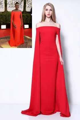 Lupita Nyongo red spandex cape off the shoulder sheath long prom gown