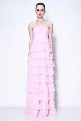 Baby pink chiffon ruffled tiered full A line stylish prom dress