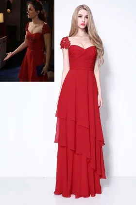 Leighton Meester red asymmetrical ruffled chiffon and lace cap sleeve prom dress