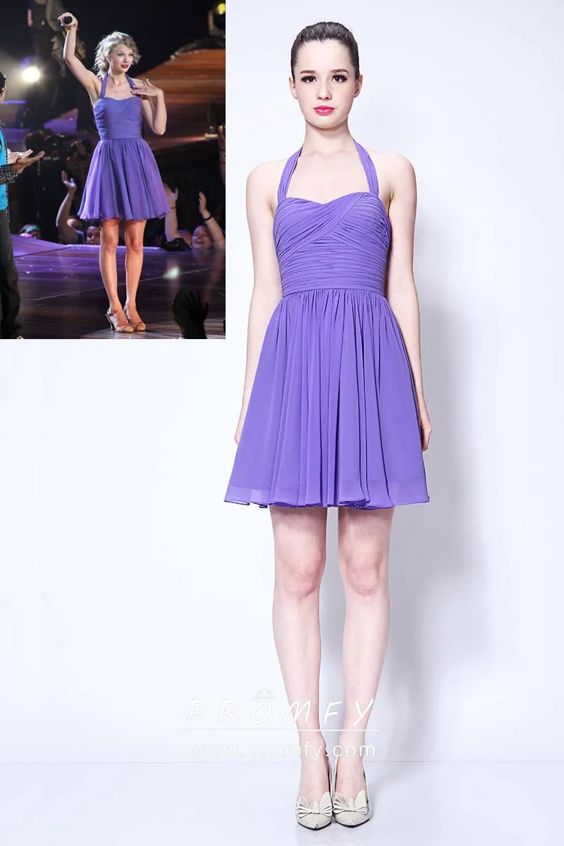 Pleated Purple Chiffon Sweetheart Halter Strap Celebrity Dress Promfy