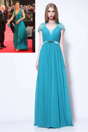 Kate Middleton elegant pool blue chiffon cap sleeve V neckline A line celebrity formal gown