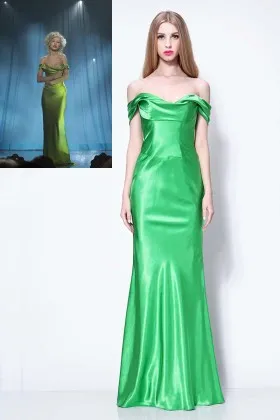 Christina Aguilera green satin off the shoulder fit and flare celebrity formal gown