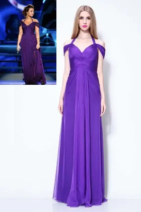 Demi Lovato pleated purple chiffon cold shoulder empire waist celebrity formal dress