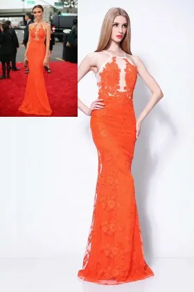 Giuliana Rancic celebrity inspired organza lace illusion neckline mermaid long formal gown
