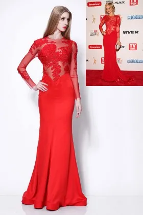 Samara Weaving illusion lace neckline and long sleeve red satin mermaid celebrity dress