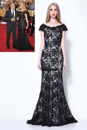 Stacy Keibler black lace overlay cap sleeves celebrity inspired trumpet formal gown