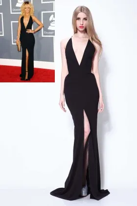 plunging neckline backless black sheath prom dress
