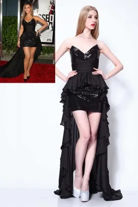 Beyonce black sequin and ruffled chiffon strapless V neck ruffled high low prom gown