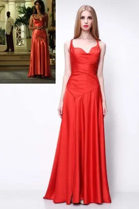 Caterina Murino red satin asymmetrical A line thigh high slit military ball dress