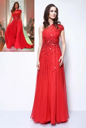 Miranda Kerr red sequinned one shoulder cap sleeve celebrity A line long prom dress