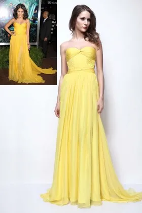 empire waist strapless yellow chiffon open back celebrity long prom dress