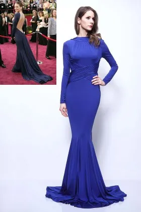 Hilary Swank cobalt blue jersey long sleeve open back celebrity formal dress