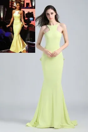 Nicole Scherzinger unique lime green spandex open back celebrity mermaid prom dress