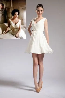 Elizabeth Taylor sleeveless V neck off white chiffon short A line celebrity cocktail dress