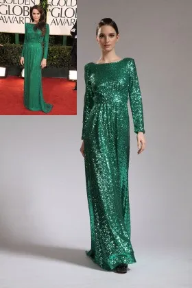 Angelina Jolie sparkling green sequin boat neck long sleeve celebrity long formal dress