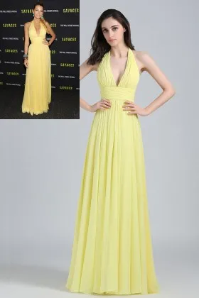 Blake Lively simple halter v neck yellow chiffon a line evening dress