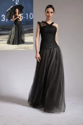 Selena Gomez asymmetrical neckline black tulle celebrity long engagement prom dress